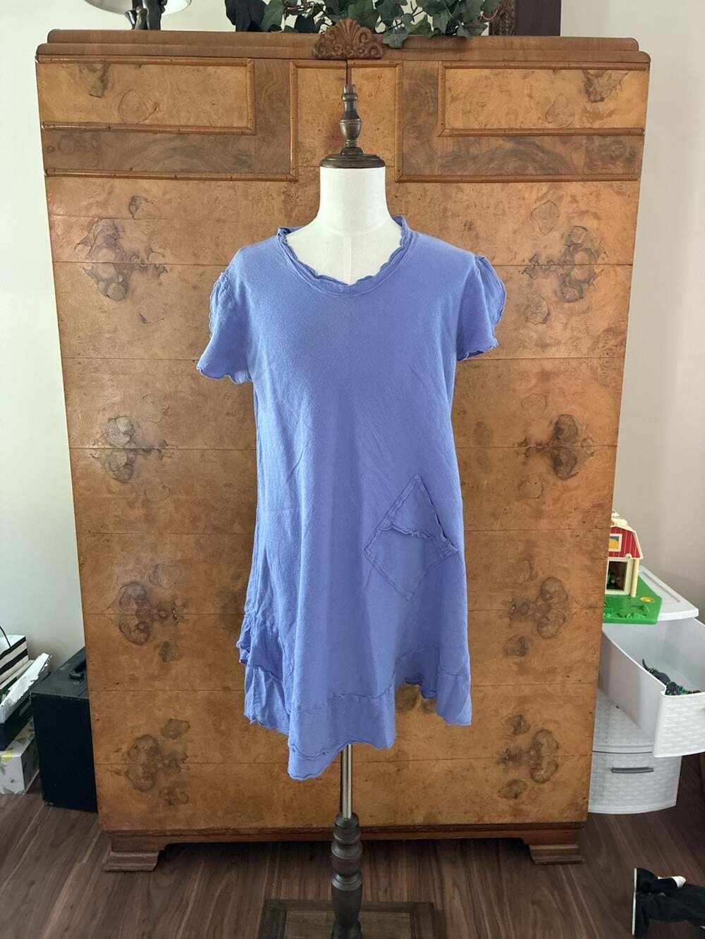 Oh My Gauze Dress Size 2 Periwinkle Cotton Short Sleeve Asymmetrical Pocket